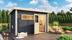 Karibu Saunahaus Skrollan 3 mit Vorraum terragrau (Rechteckfenster)